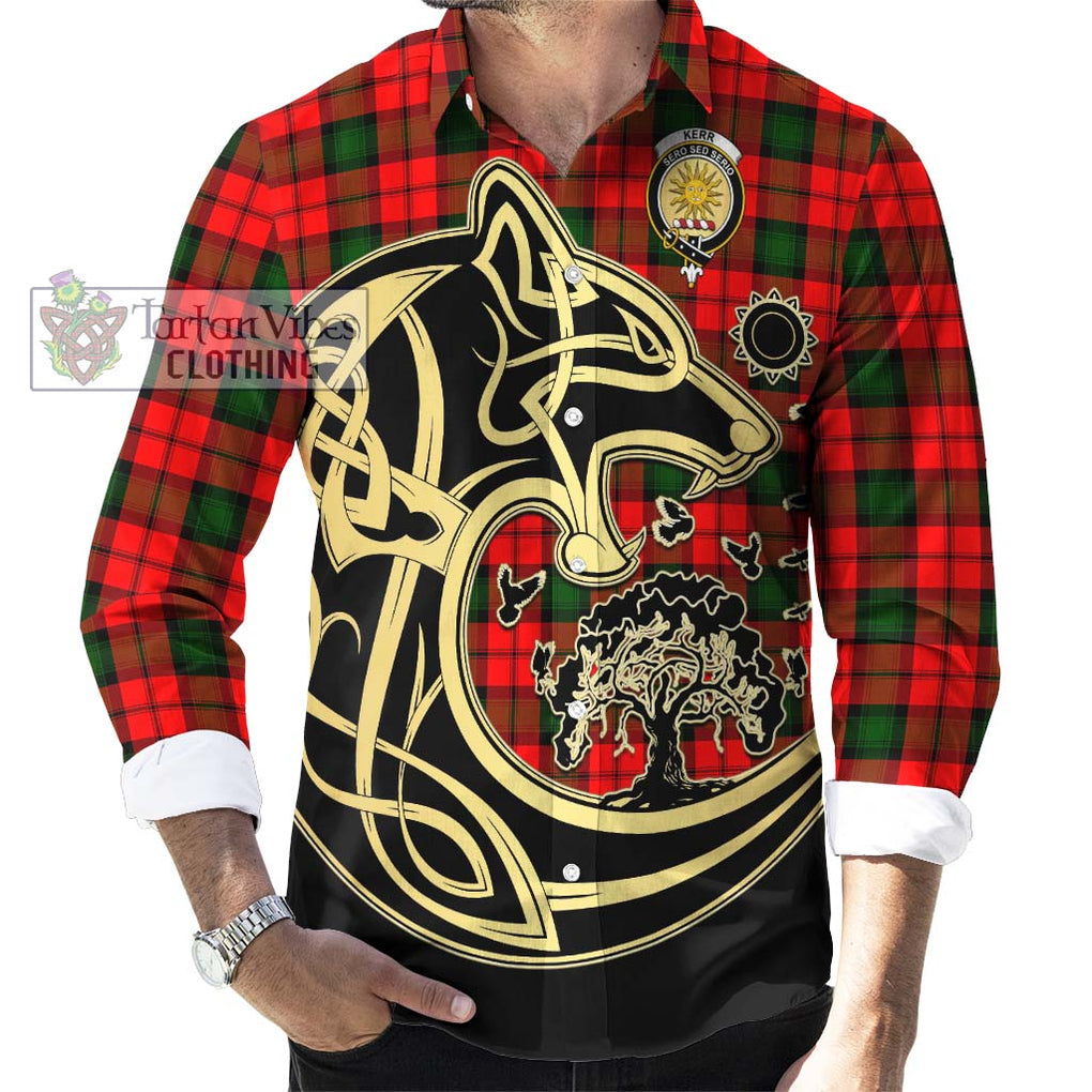 Kerr Modern Tartan Long Sleeve Button Shirt with Family Crest Celtic Wolf Style - Tartan Vibes Clothing