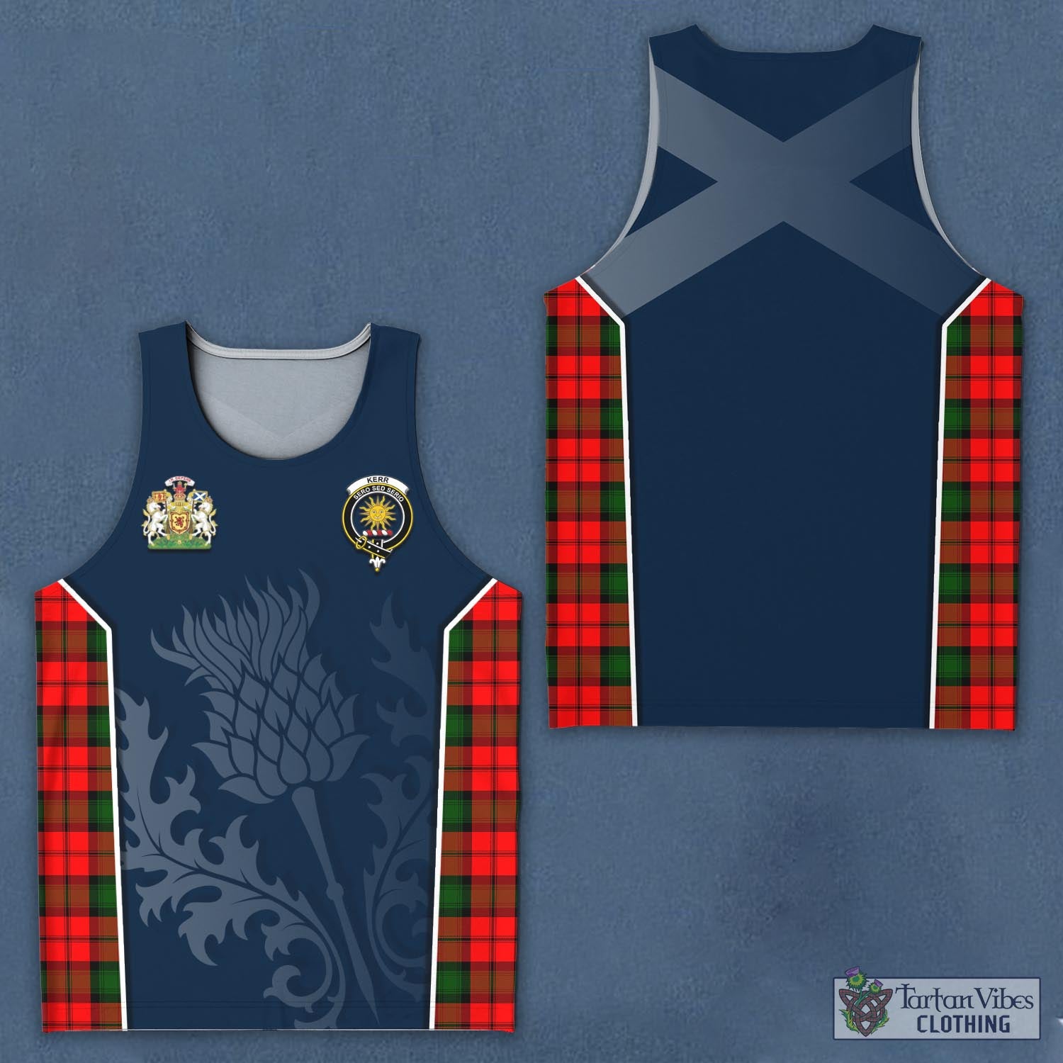 Tartan Vibes Clothing Kerr Modern Tartan Men's Tanks Top with Family Crest and Scottish Thistle Vibes Sport Style