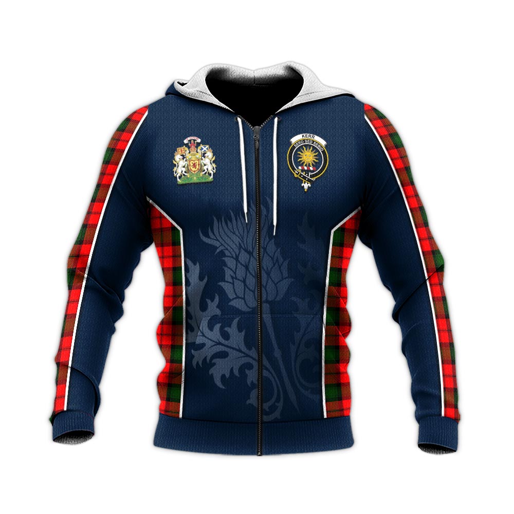 Tartan Vibes Clothing Kerr Modern Tartan Knitted Hoodie with Family Crest and Scottish Thistle Vibes Sport Style