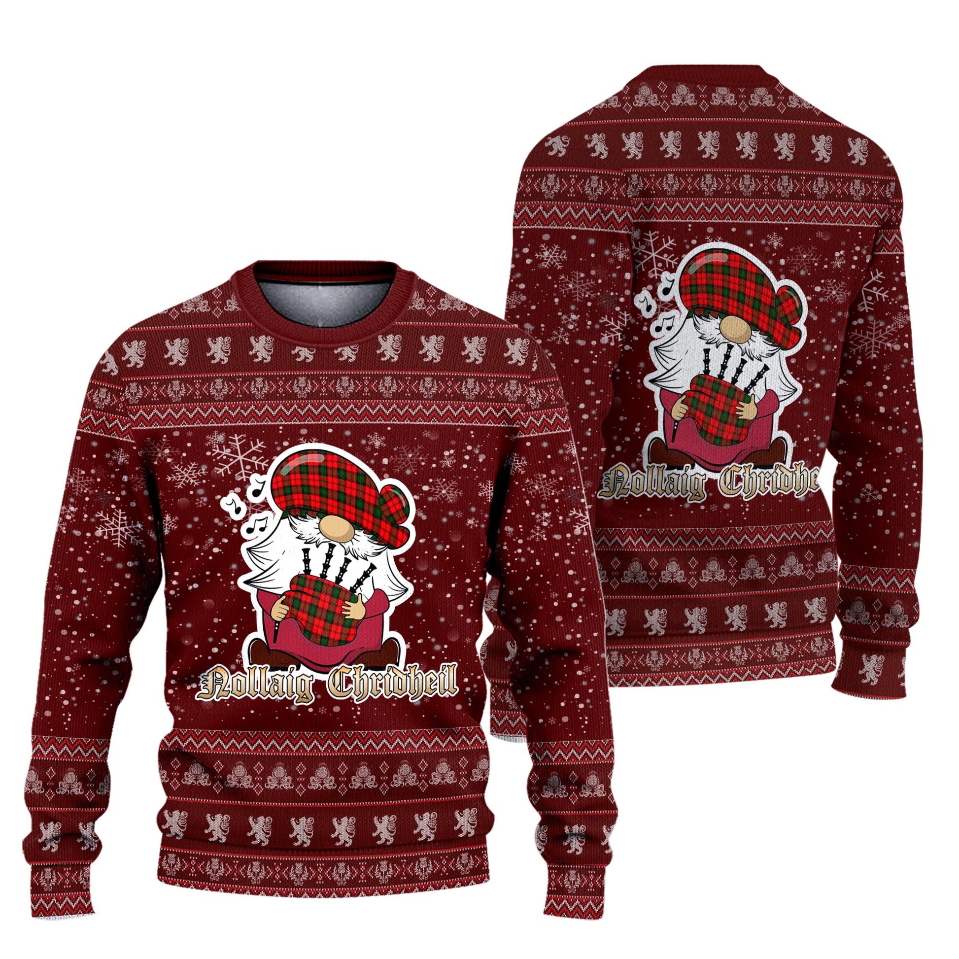 Kerr Modern Clan Christmas Family Knitted Sweater with Funny Gnome Playing Bagpipes Unisex Red - Tartanvibesclothing