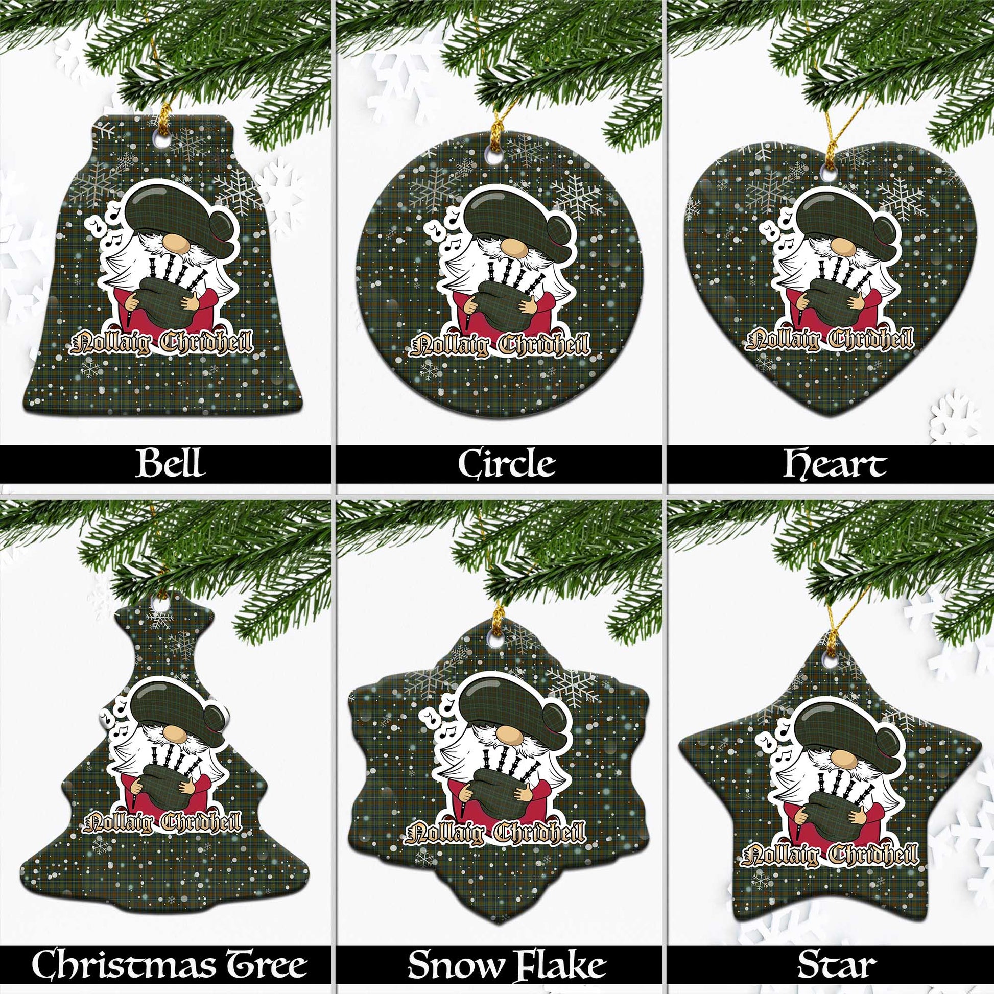 Kerry Tartan Christmas Ornaments with Scottish Gnome Playing Bagpipes Ceramic - Tartanvibesclothing