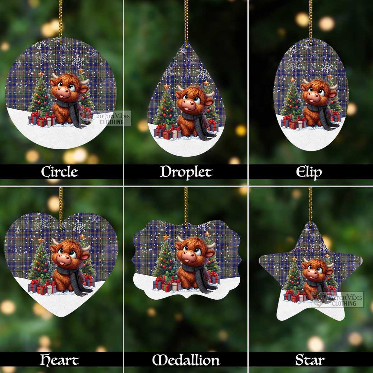 Tartan Vibes Clothing Kildare County Ireland Tartan Christmas Aluminium Ornament with Adorable Highland Coo