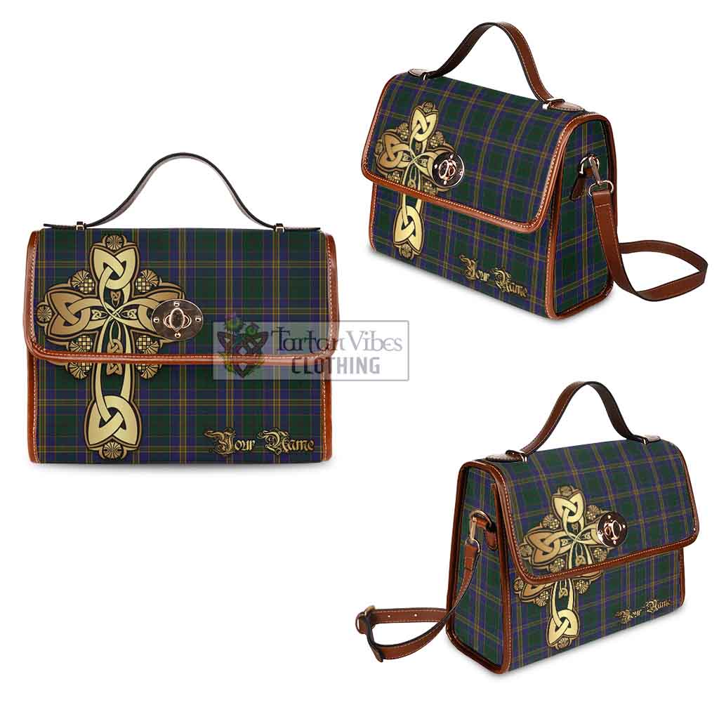 Tartan Vibes Clothing Kilkenny County Ireland Tartan Waterproof Canvas Bag Golden Thistle Celtic Cross Style