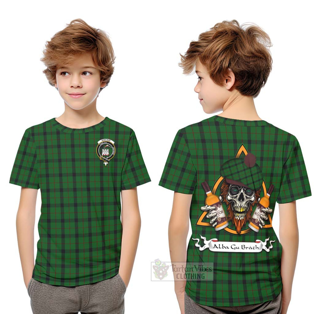 Tartan Vibes Clothing Kincaid Tartan Kid T-Shirt with Family Crest and Bearded Skull Holding Bottles of Whiskey