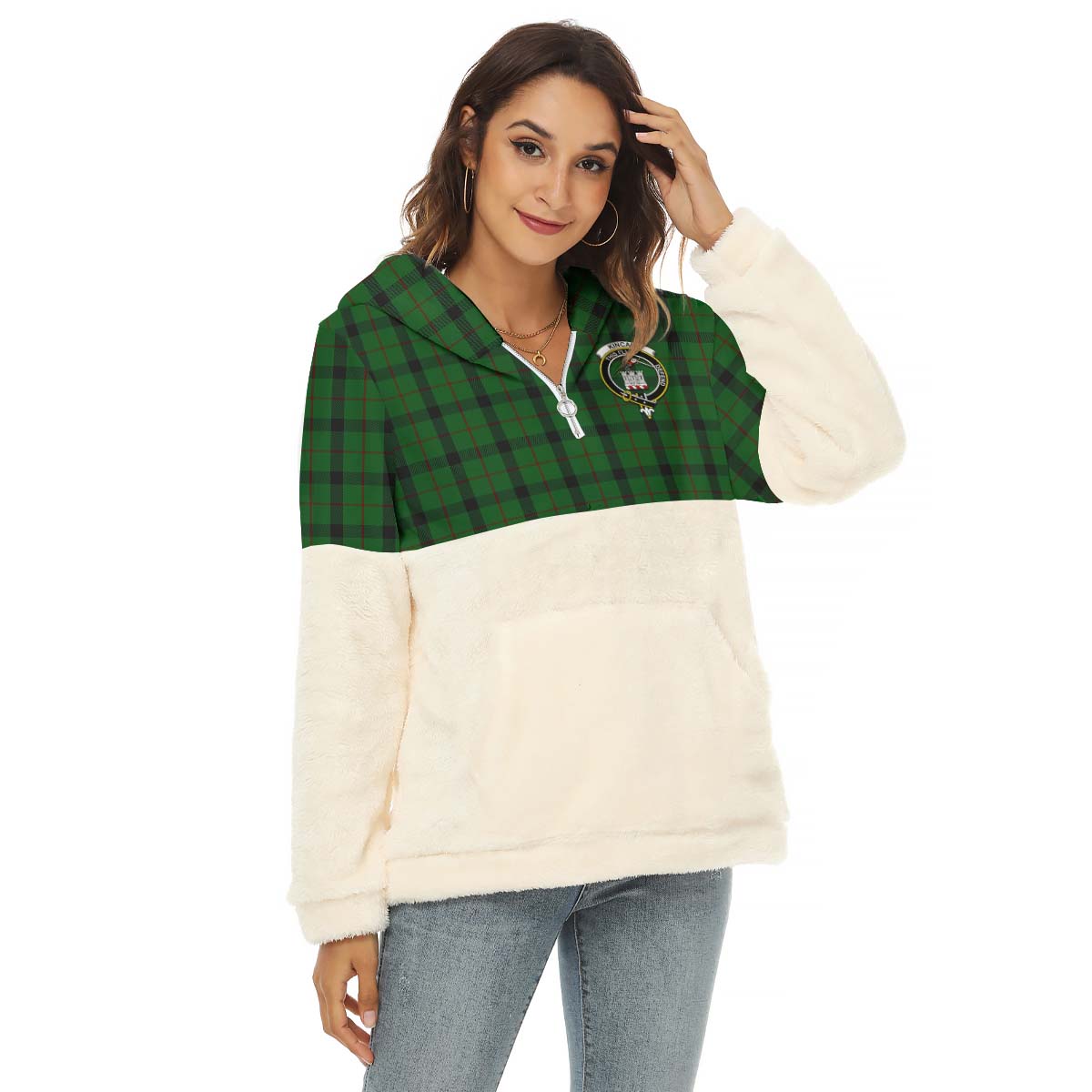 Kincaid Tartan Women's Borg Fleece Hoodie With Half Zip with Family Crest Female - Tartan Vibes Clothing