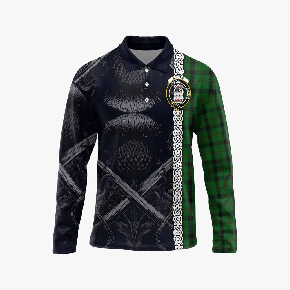 Tartan Vibes Clothing Kincaid Tartan Long Sleeve Polo Shirt with Family Crest Cross Sword Thistle Celtic Vibes