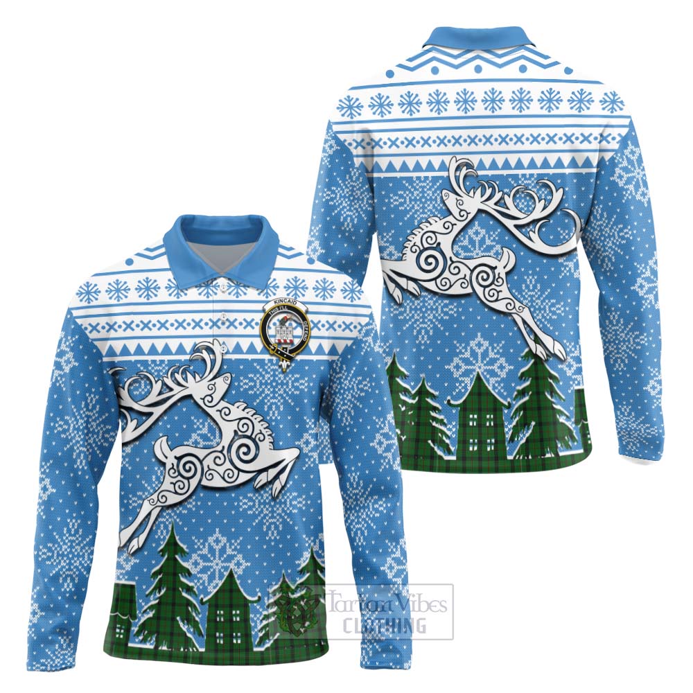 Tartan Vibes Clothing Kincaid Clan Christmas Long Sleeve Polo Shirt Celtic Reindeer Style