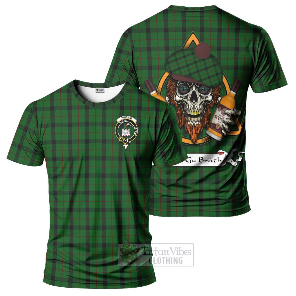 Tartan Vibes Clothing Kincaid Tartan T-Shirt with Family Crest and Bearded Skull Holding Bottles of Whiskey