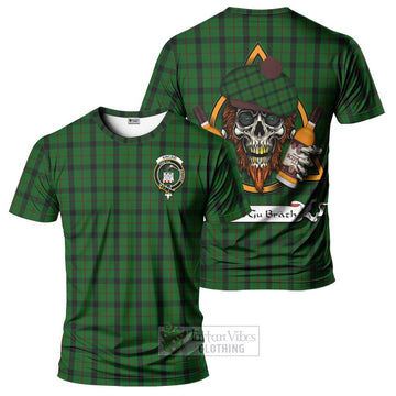 Kincaid Tartan T-Shirt with Family Crest and Bearded Skull Holding Bottles of Whiskey