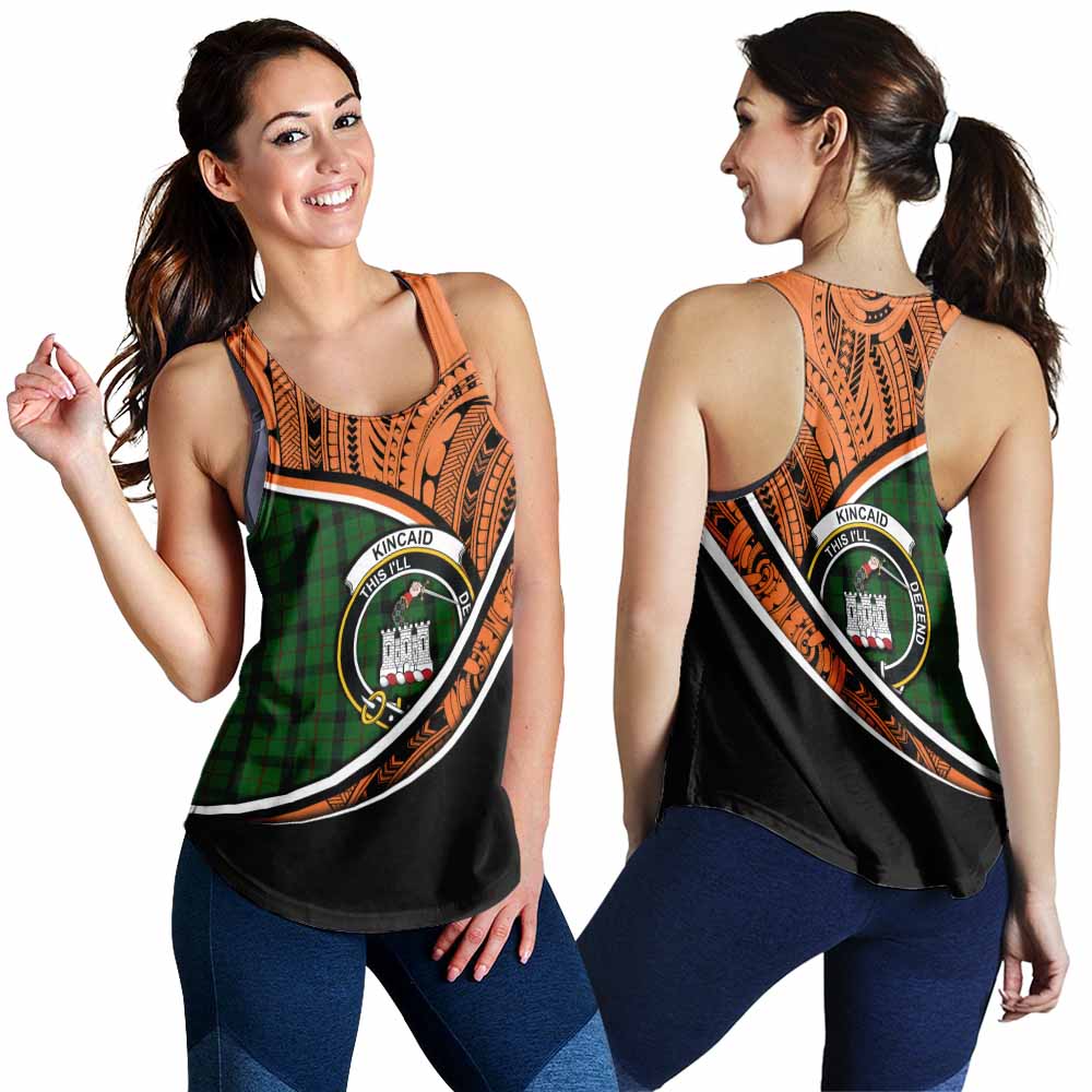 Tartan Vibes Clothing Kincaid Crest Tartan Women's Racerback Tanks with Maori Tattoo Style - Orange Version