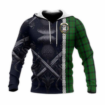 Kincaid Tartan Knitted Hoodie with Family Crest Cross Sword Thistle Celtic Vibes