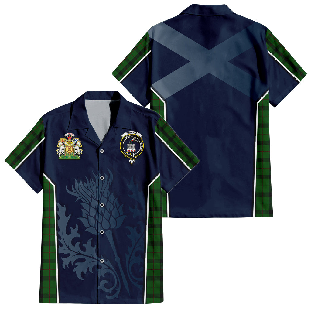 Tartan Vibes Clothing Kincaid Tartan Short Sleeve Button Up Shirt with Family Crest and Scottish Thistle Vibes Sport Style