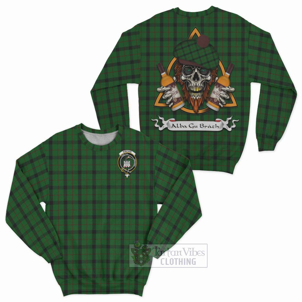 Tartan Vibes Clothing Kincaid Tartan Sweatshirt with Family Crest and Bearded Skull Holding Bottles of Whiskey