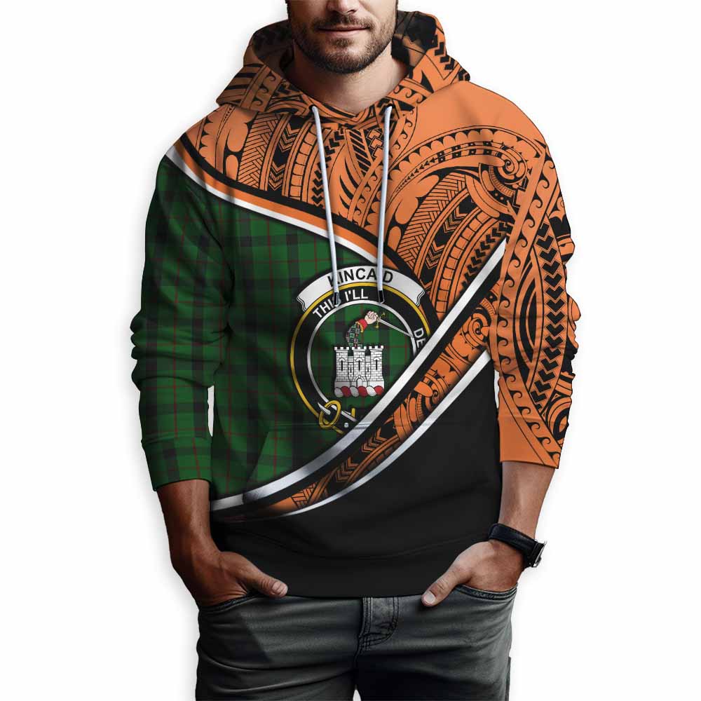 Tartan Vibes Clothing Kincaid Crest Tartan Hoodie with Maori Tattoo Style - Orange Version