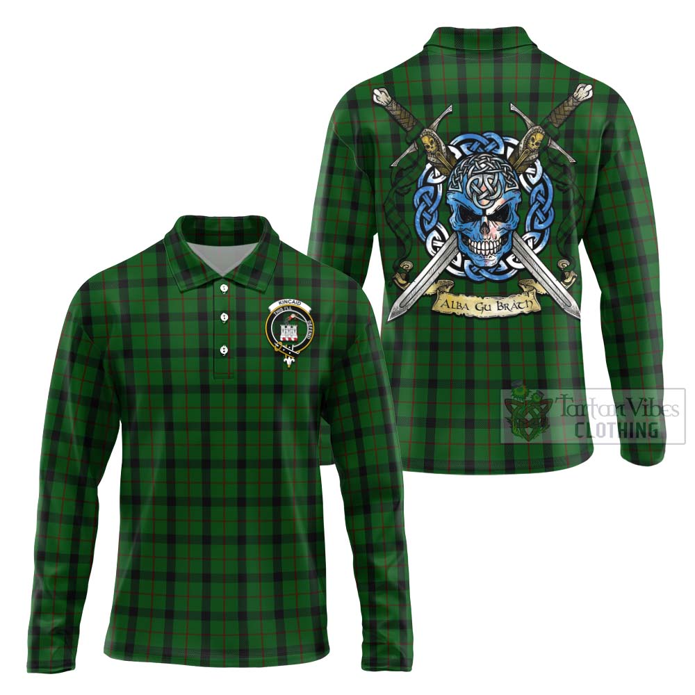 Tartan Vibes Clothing Kincaid Tartan Long Sleeve Polo Shirt with Family Crest Celtic Skull Style