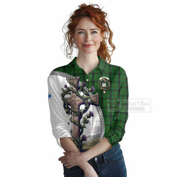 Kincaid Tartan Women's Casual Shirt with Family Crest and St. Andrew's Cross Accented by Thistle Vines