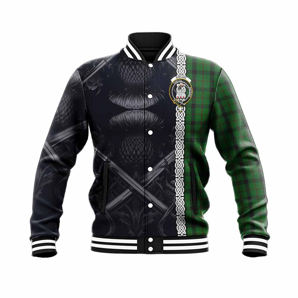 Tartan Vibes Clothing Kincaid Tartan Baseball Jacket with Family Crest Cross Sword Thistle Celtic Vibes