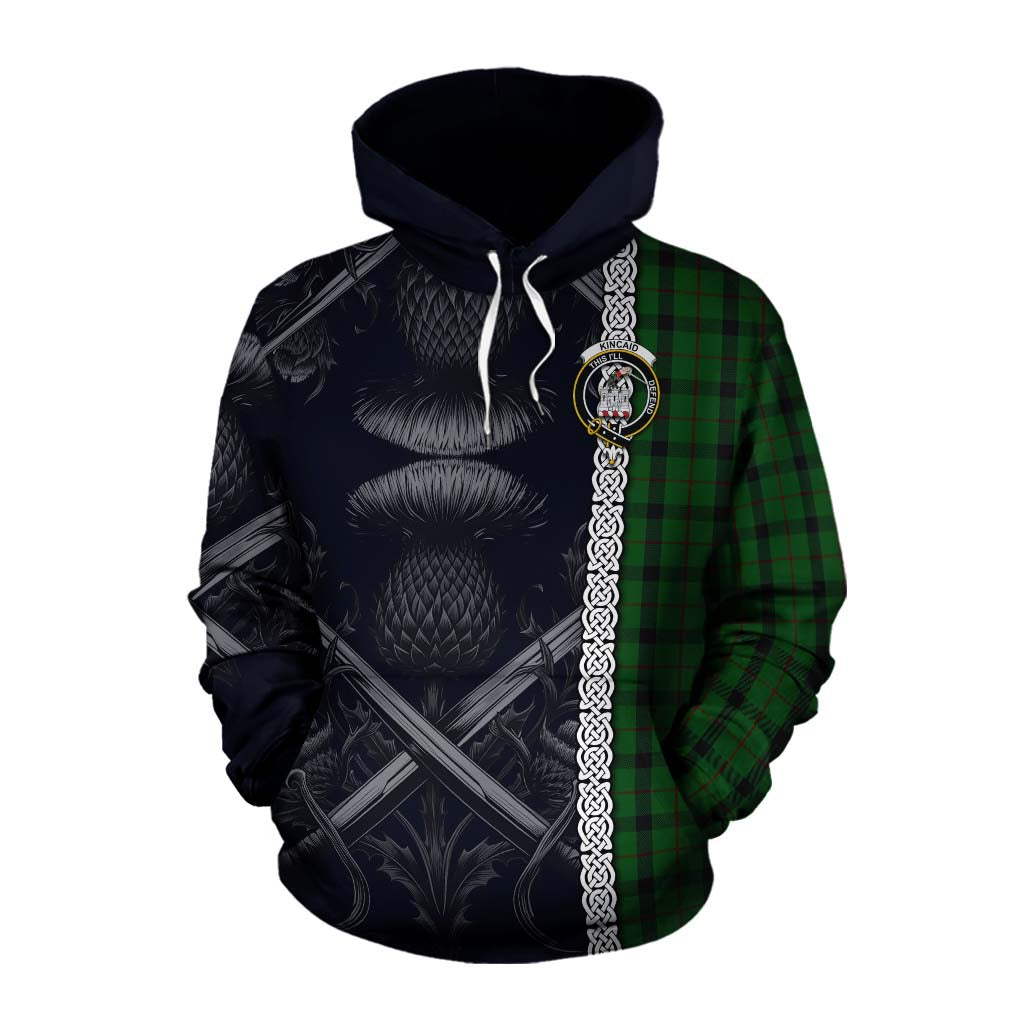 Tartan Vibes Clothing Kincaid Tartan Cotton Hoodie with Family Crest Cross Sword Thistle Celtic Vibes