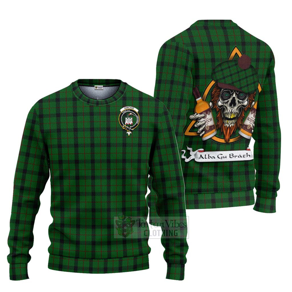 Tartan Vibes Clothing Kincaid Tartan Knitted Sweater with Family Crest and Bearded Skull Holding Bottles of Whiskey