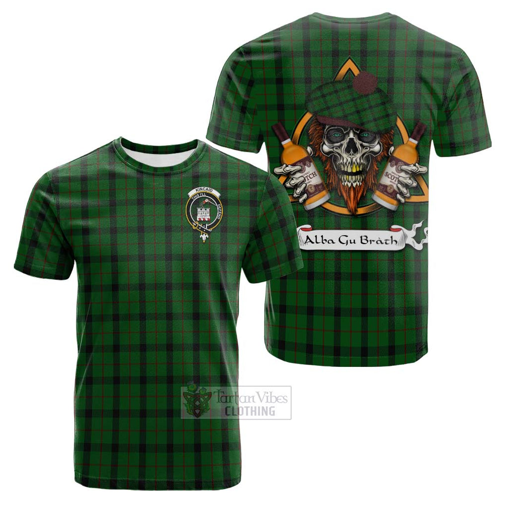 Tartan Vibes Clothing Kincaid Tartan Cotton T-shirt with Family Crest and Bearded Skull Holding Bottles of Whiskey