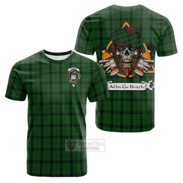 Kincaid Tartan Cotton T-shirt with Family Crest and Bearded Skull Holding Bottles of Whiskey