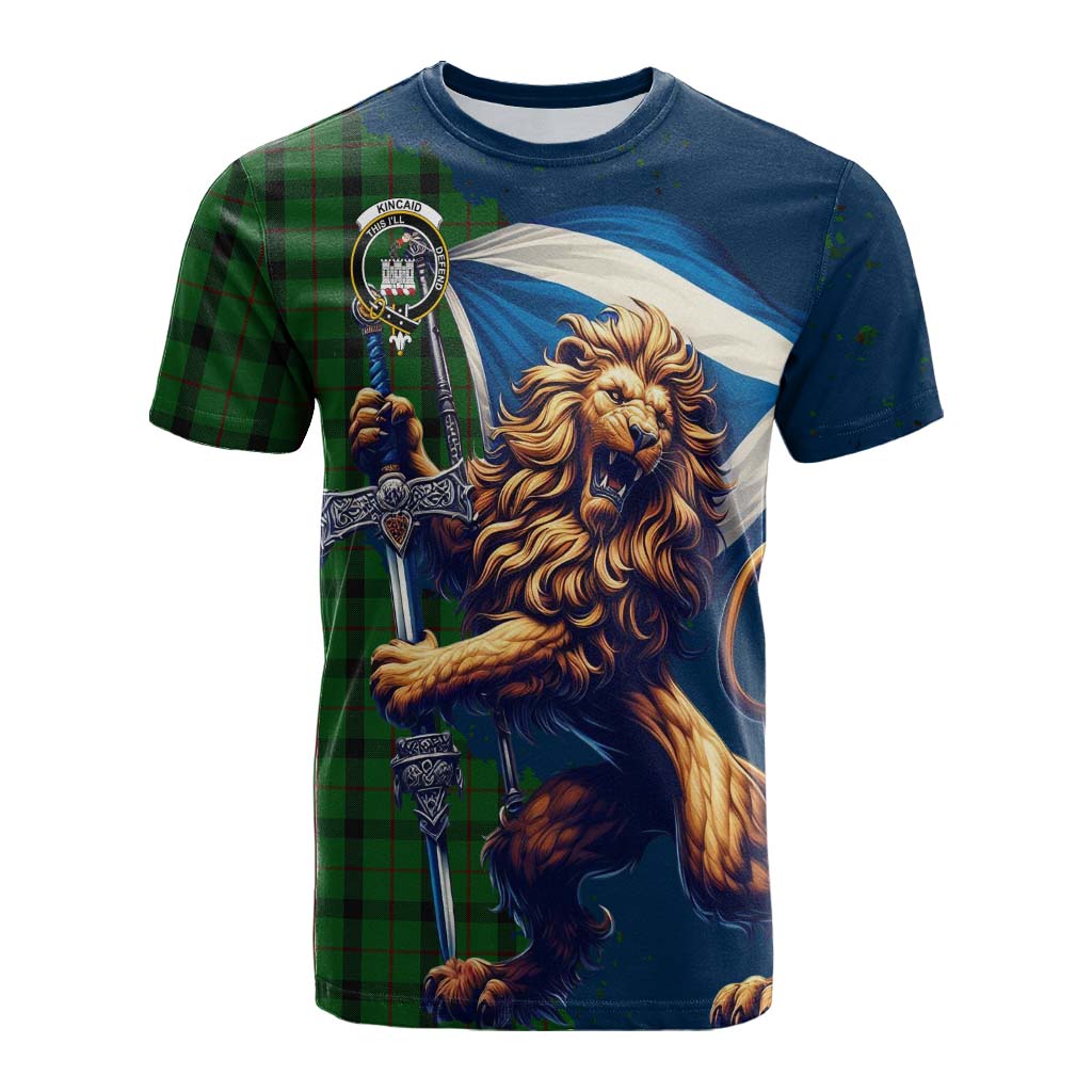 Tartan Vibes Clothing Kincaid Tartan Family Crest Cotton T-shirt with Scottish Majestic Lion