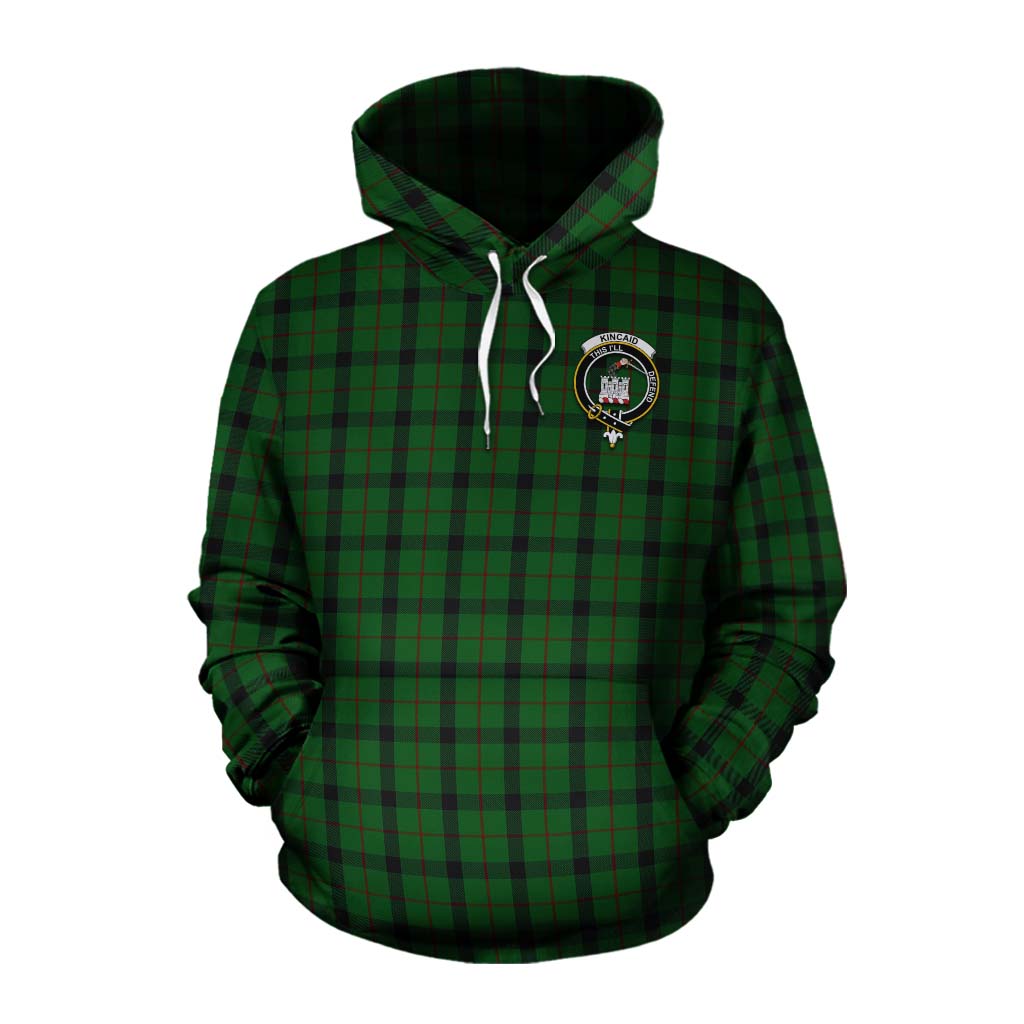 Tartan Vibes Clothing Kincaid Tartan Cotton Hoodie with Family Crest and Bearded Skull Holding Bottles of Whiskey