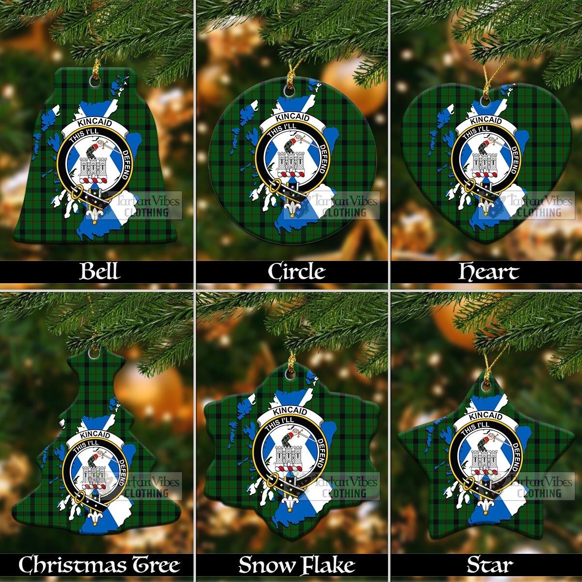 Tartan Vibes Clothing Kincaid Tartan Christmas Ornament with Family Crest and Scotland Map