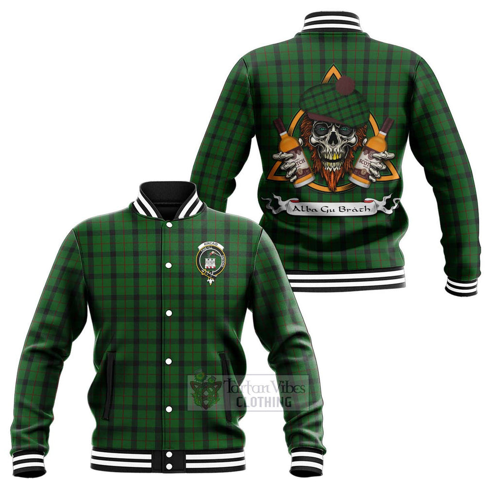 Tartan Vibes Clothing Kincaid Tartan Baseball Jacket with Family Crest and Bearded Skull Holding Bottles of Whiskey