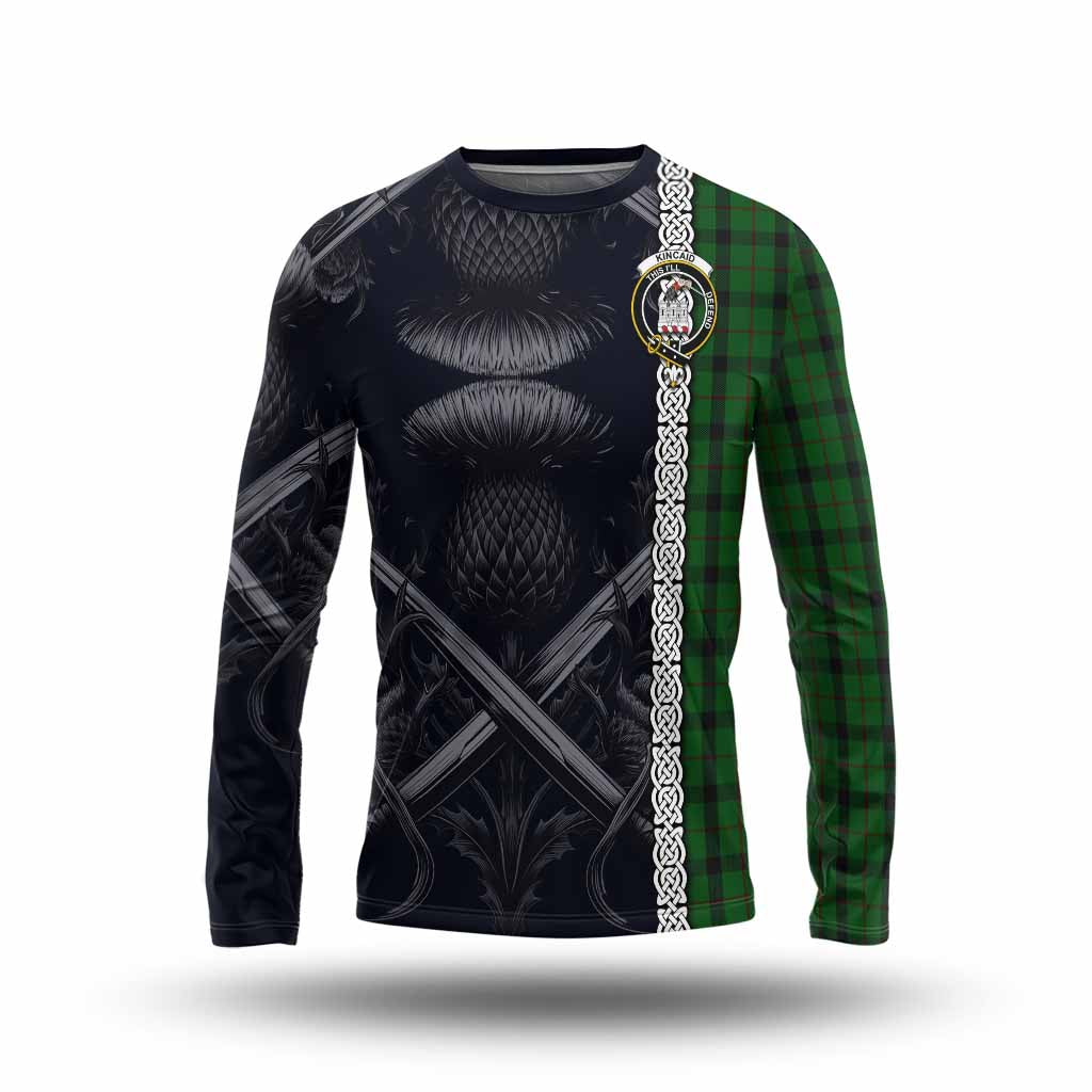 Tartan Vibes Clothing Kincaid Tartan Long Sleeve T-Shirt with Family Crest Cross Sword Thistle Celtic Vibes