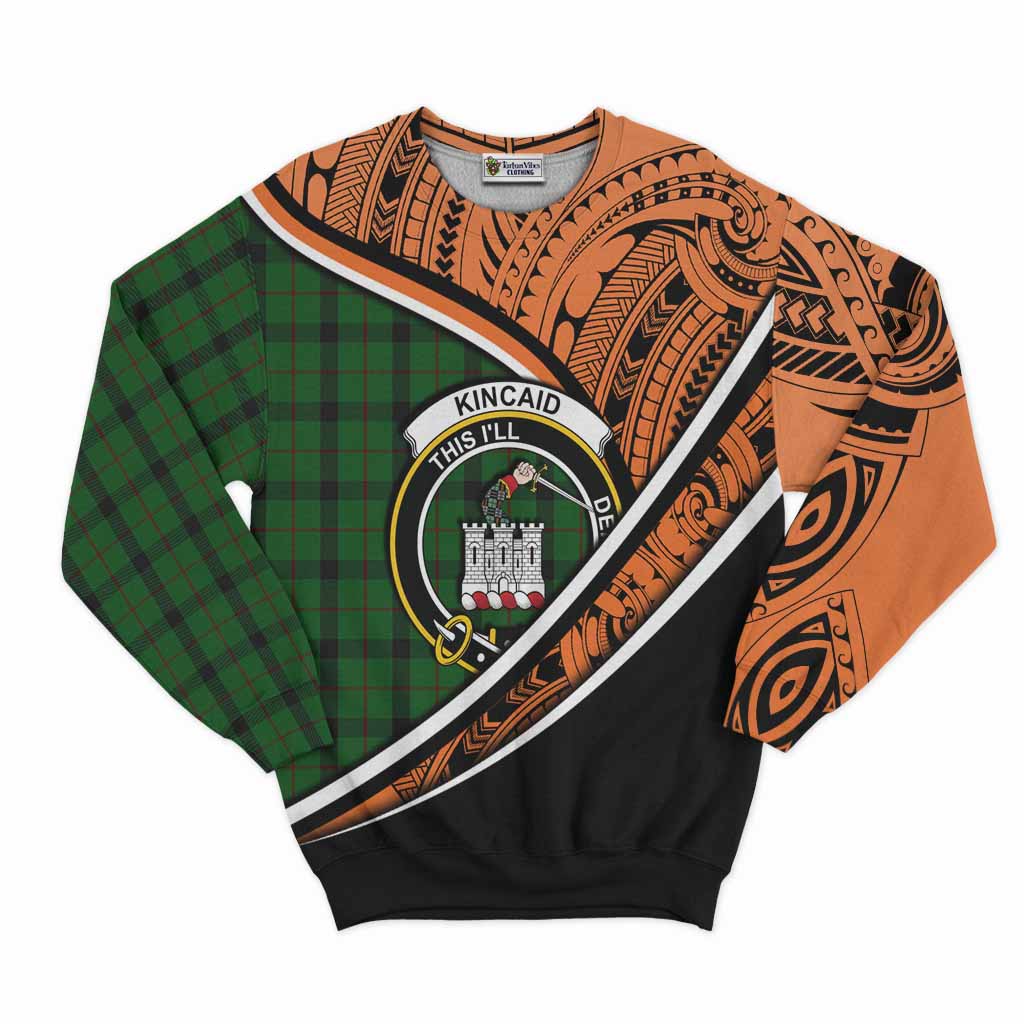 Tartan Vibes Clothing Kincaid Crest Tartan Sweatshirt with Maori Tattoo Style - Orange Version