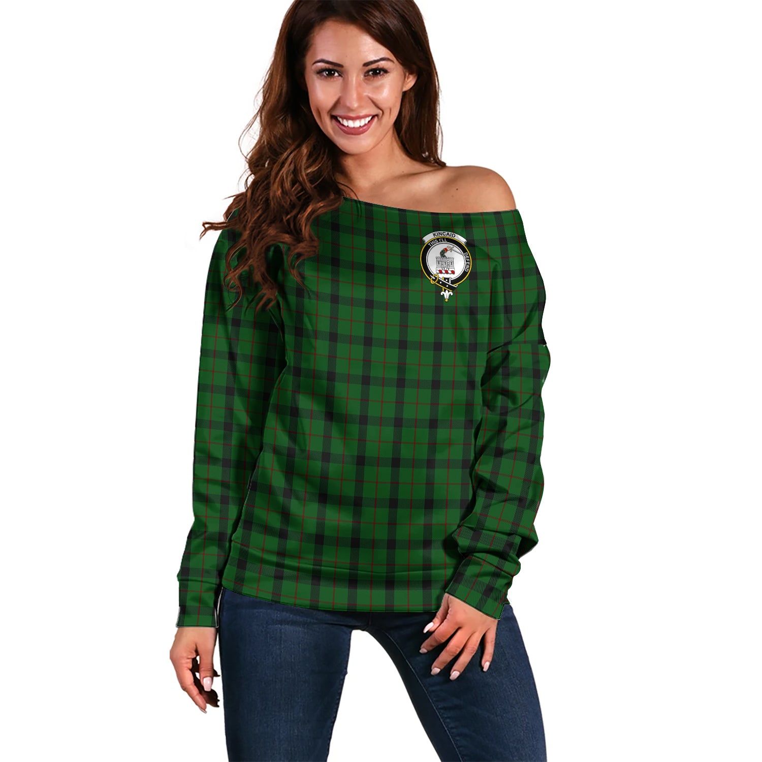 Kincaid Tartan Off Shoulder Women Sweater with Family Crest Women - Tartanvibesclothing