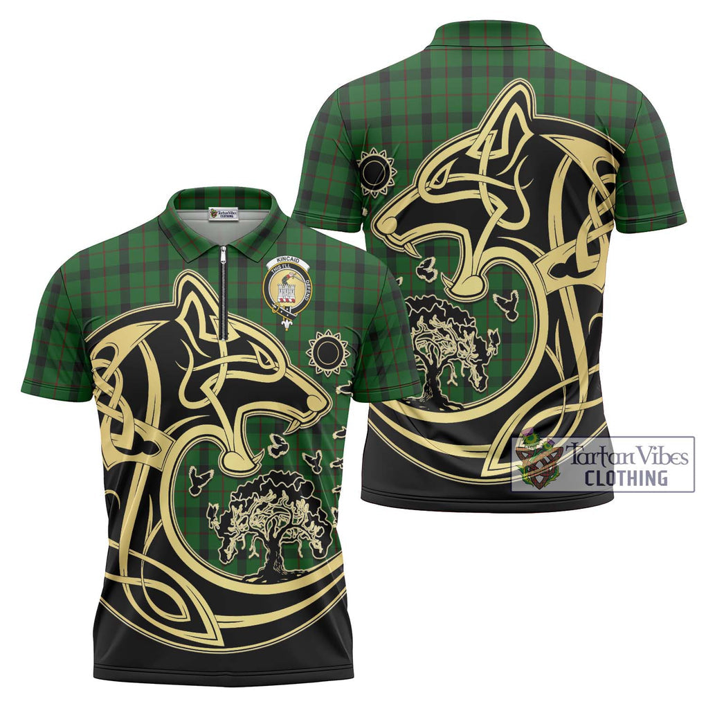 Kincaid Tartan Zipper Polo Shirt with Family Crest Celtic Wolf Style Unisex - Tartanvibesclothing Shop