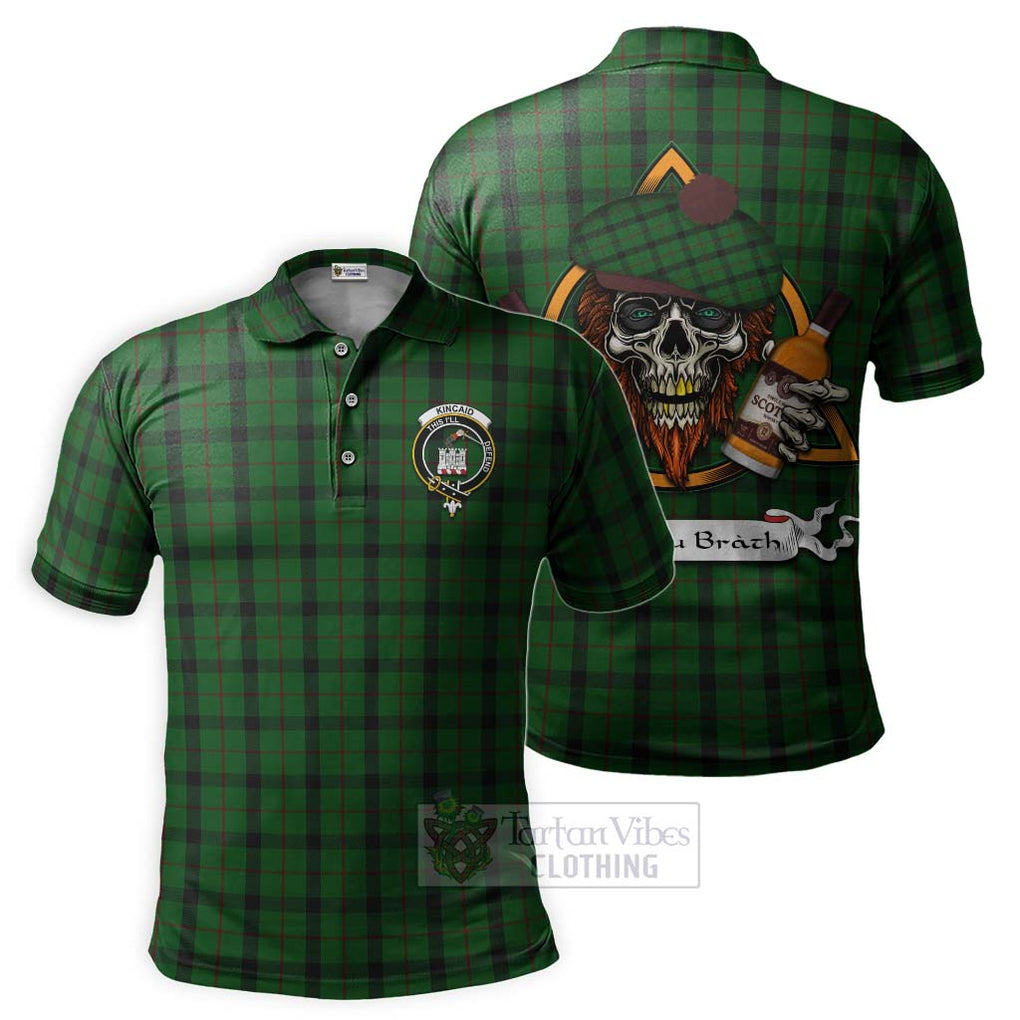 Tartan Vibes Clothing Kincaid Tartan Polo Shirt with Family Crest and Bearded Skull Holding Bottles of Whiskey