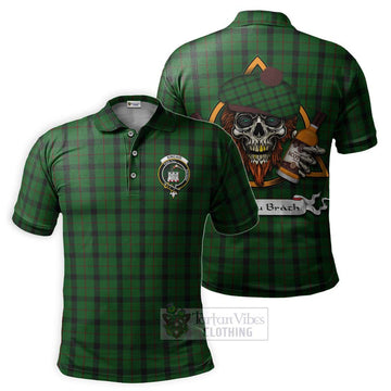 Kincaid Tartan Polo Shirt with Family Crest and Bearded Skull Holding Bottles of Whiskey