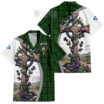 Kincaid Tartan Short Sleeve Button Shirt with Family Crest and St. Andrew's Cross Accented by Thistle Vines