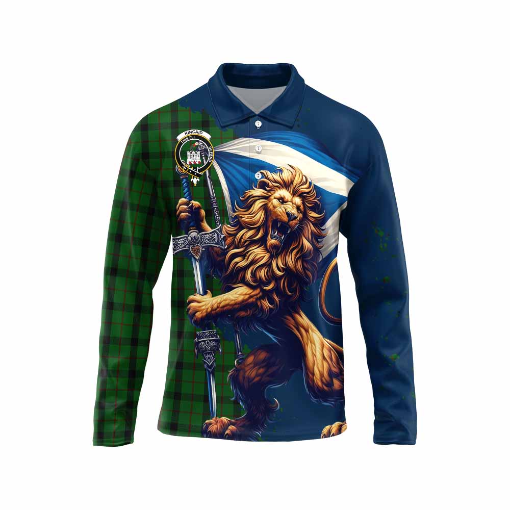 Tartan Vibes Clothing Kincaid Tartan Family Crest Long Sleeve Polo Shirt with Scottish Majestic Lion