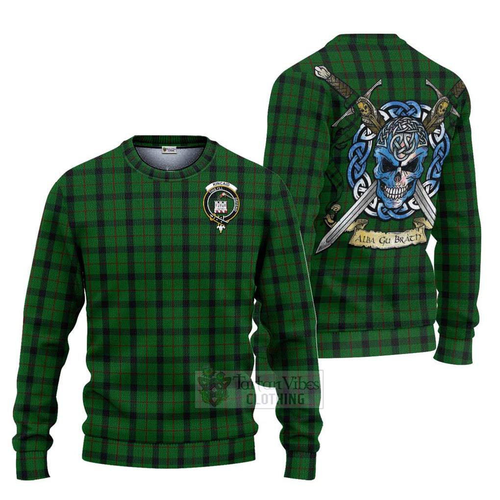 Tartan Vibes Clothing Kincaid Tartan Knitted Sweater with Family Crest Celtic Skull Style