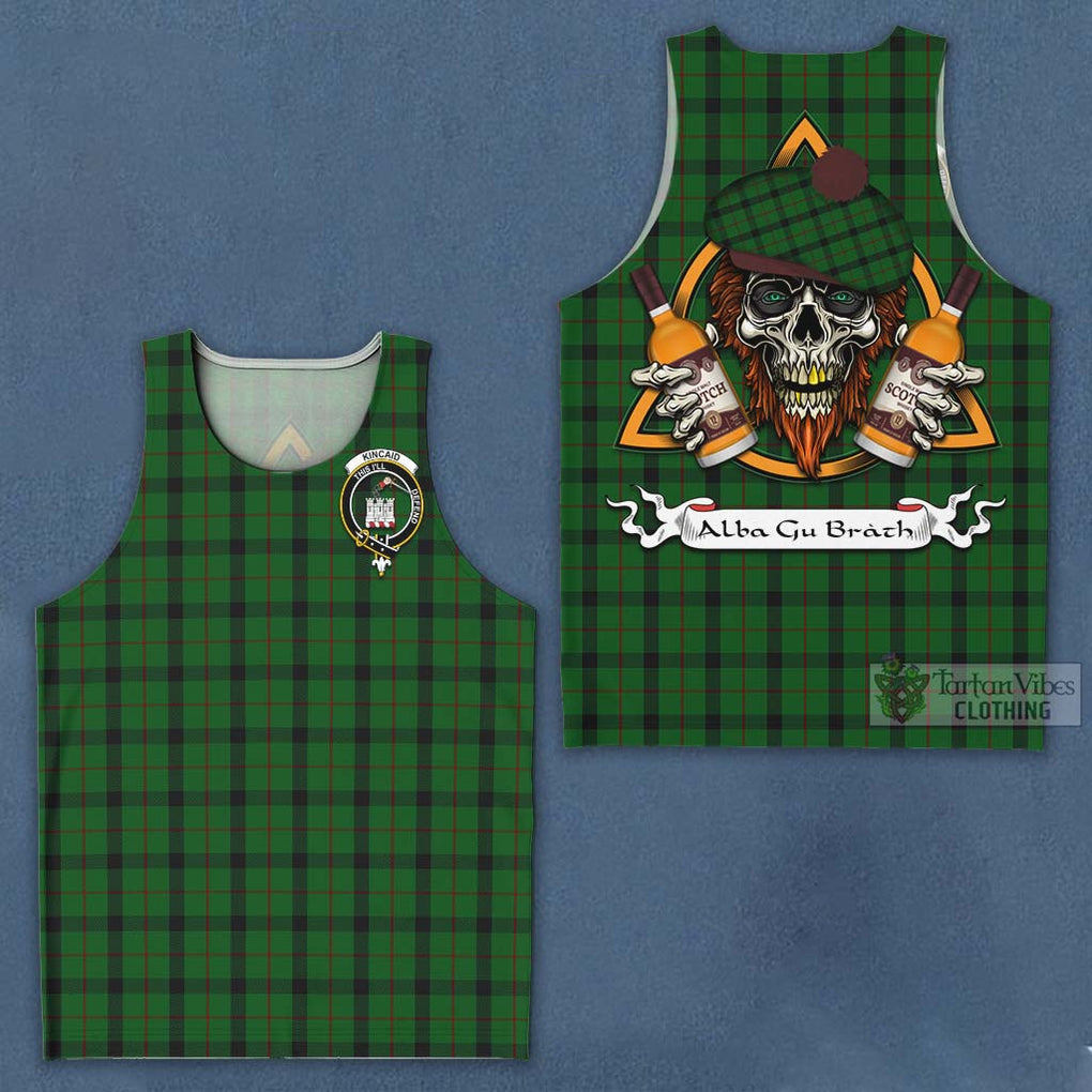 Tartan Vibes Clothing Kincaid Tartan Men's Tank Top with Family Crest and Bearded Skull Holding Bottles of Whiskey