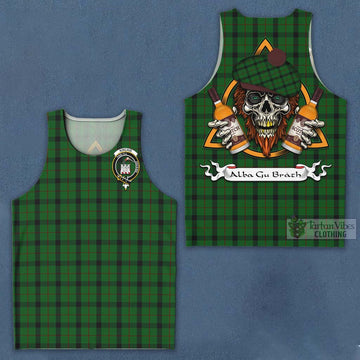 Kincaid Tartan Men's Tank Top with Family Crest and Bearded Skull Holding Bottles of Whiskey