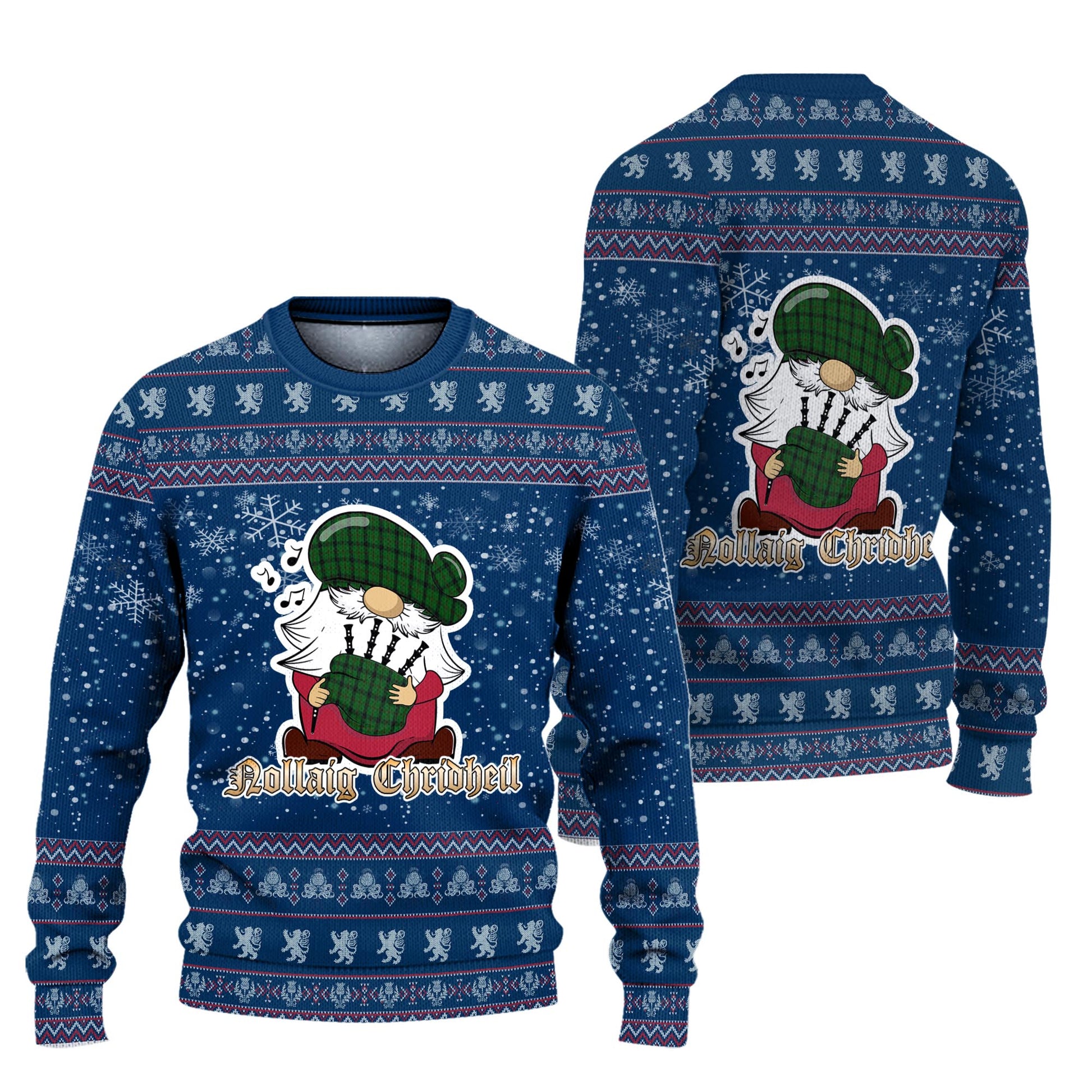 Kincaid Clan Christmas Family Knitted Sweater with Funny Gnome Playing Bagpipes Unisex Blue - Tartanvibesclothing