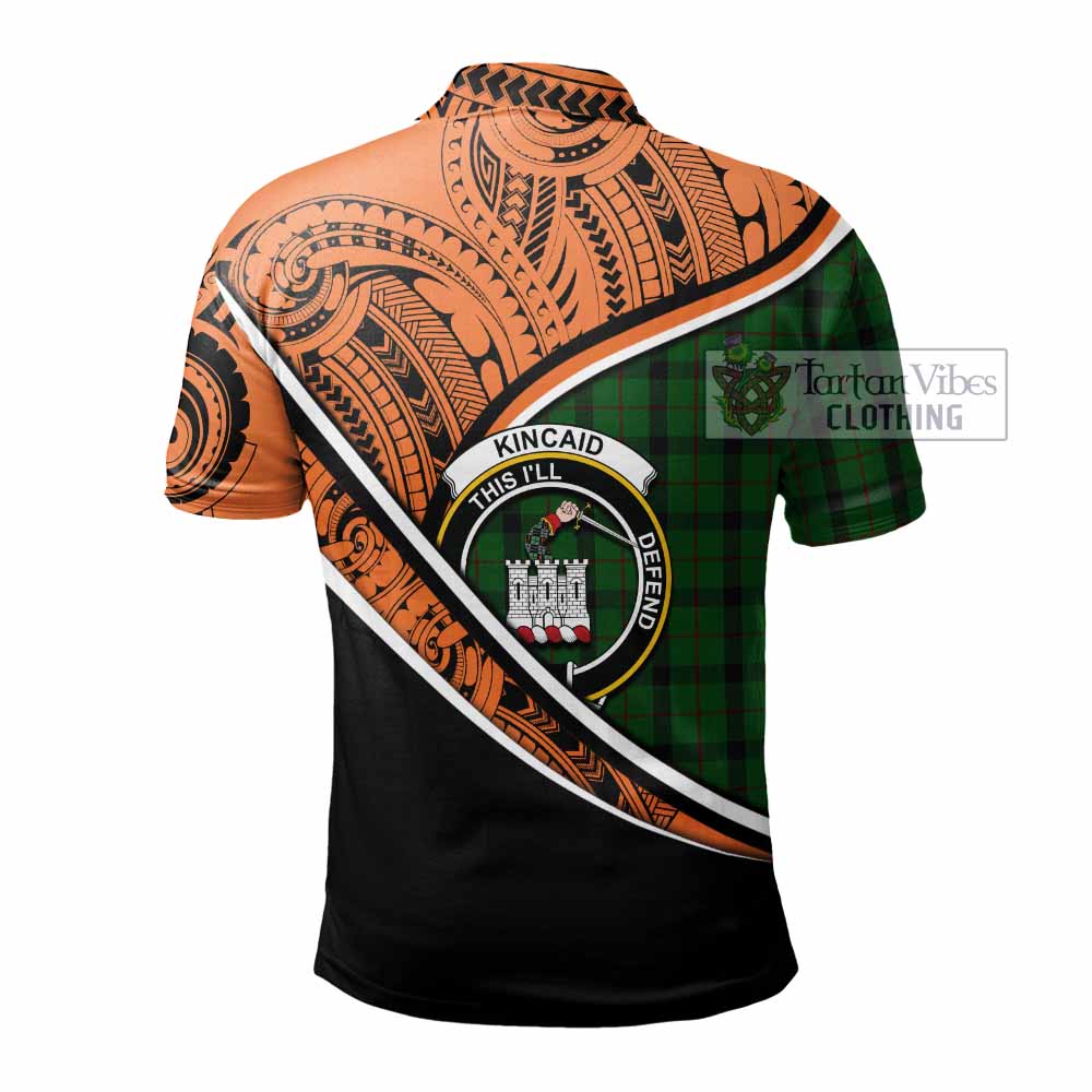 Tartan Vibes Clothing Kincaid Crest Tartan Polo Shirt with Maori Tattoo Style - Orange Version