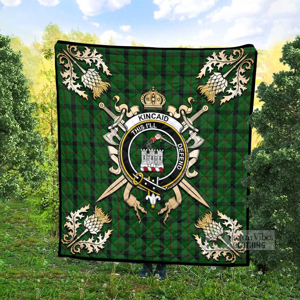 Tartan Vibes Clothing Kincaid Tartan Quilt with Family Crest and Scottish Golden Courage Shield