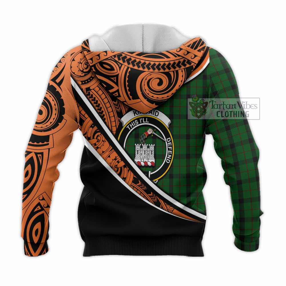 Tartan Vibes Clothing Kincaid Crest Tartan Knitted Hoodie with Maori Tattoo Style - Orange Version