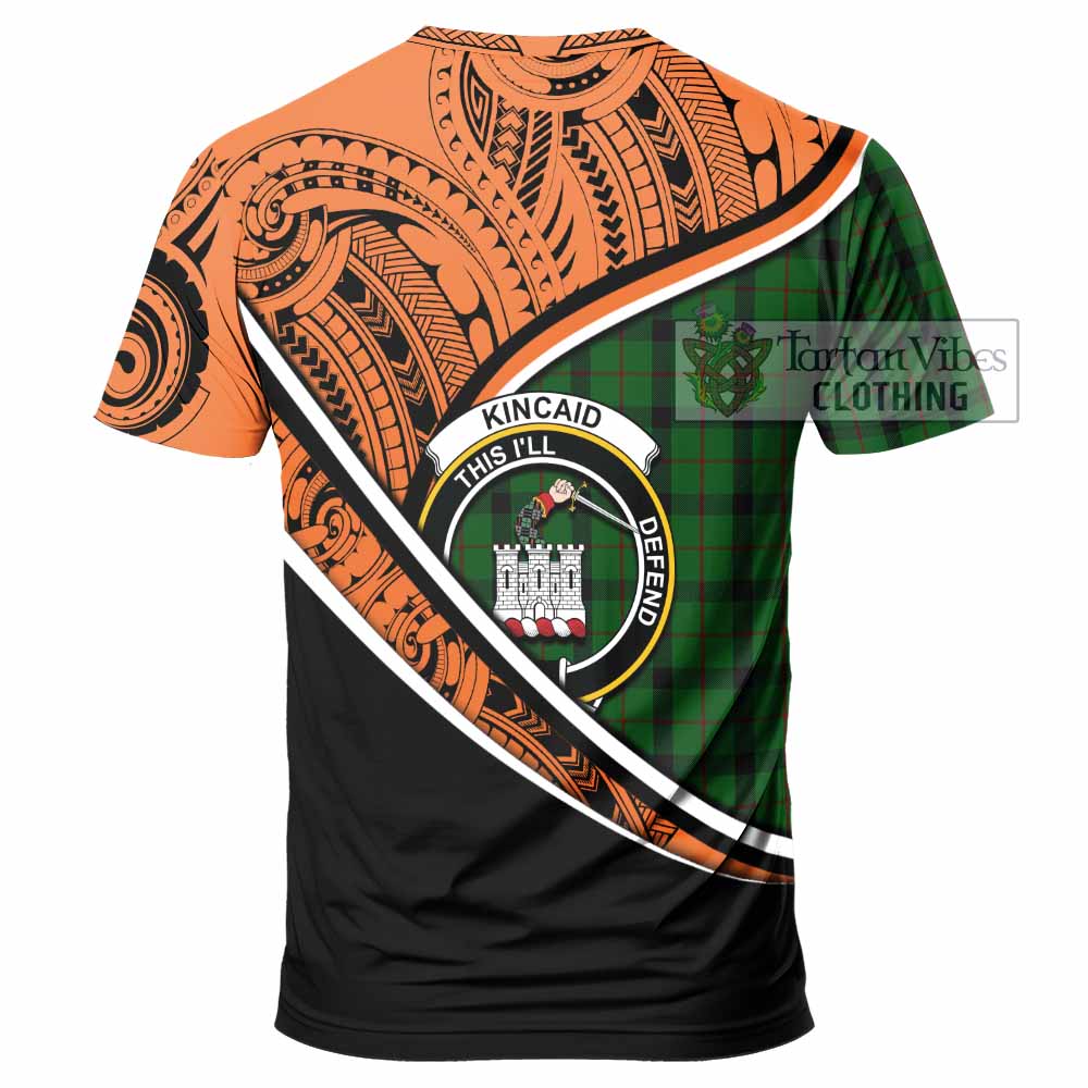 Tartan Vibes Clothing Kincaid Crest Tartan T-Shirt with Maori Tattoo Style - Orange Version