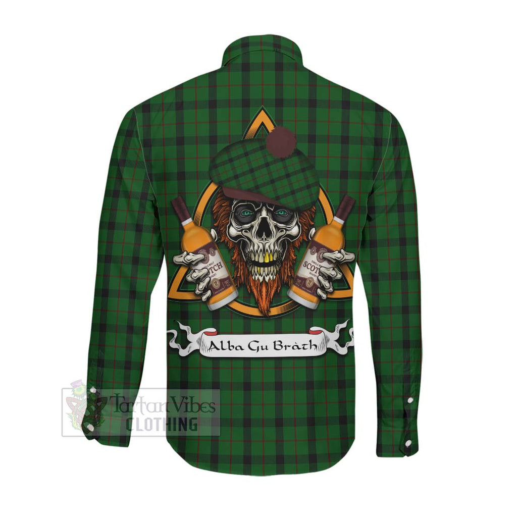 Tartan Vibes Clothing Kincaid Tartan Long Sleeve Button Shirt with Family Crest and Bearded Skull Holding Bottles of Whiskey