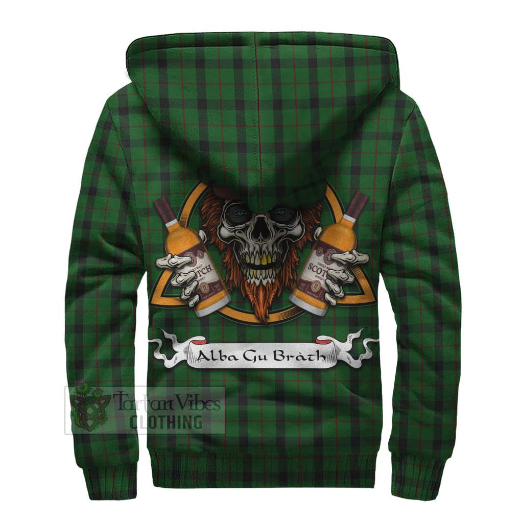 Tartan Vibes Clothing Kincaid Tartan Sherpa Hoodie with Family Crest and Bearded Skull Holding Bottles of Whiskey