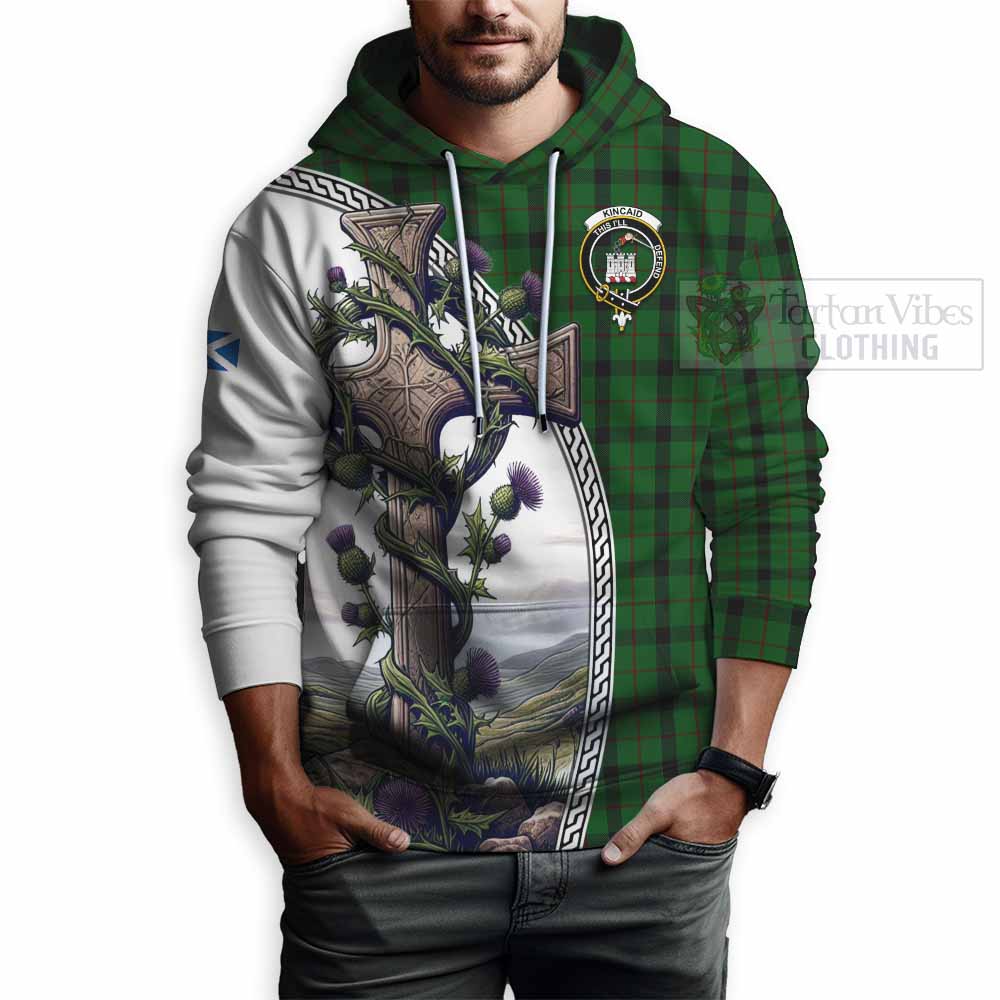 Tartan Vibes Clothing Kincaid Tartan Hoodie with Family Crest and St. Andrew's Cross Accented by Thistle Vines