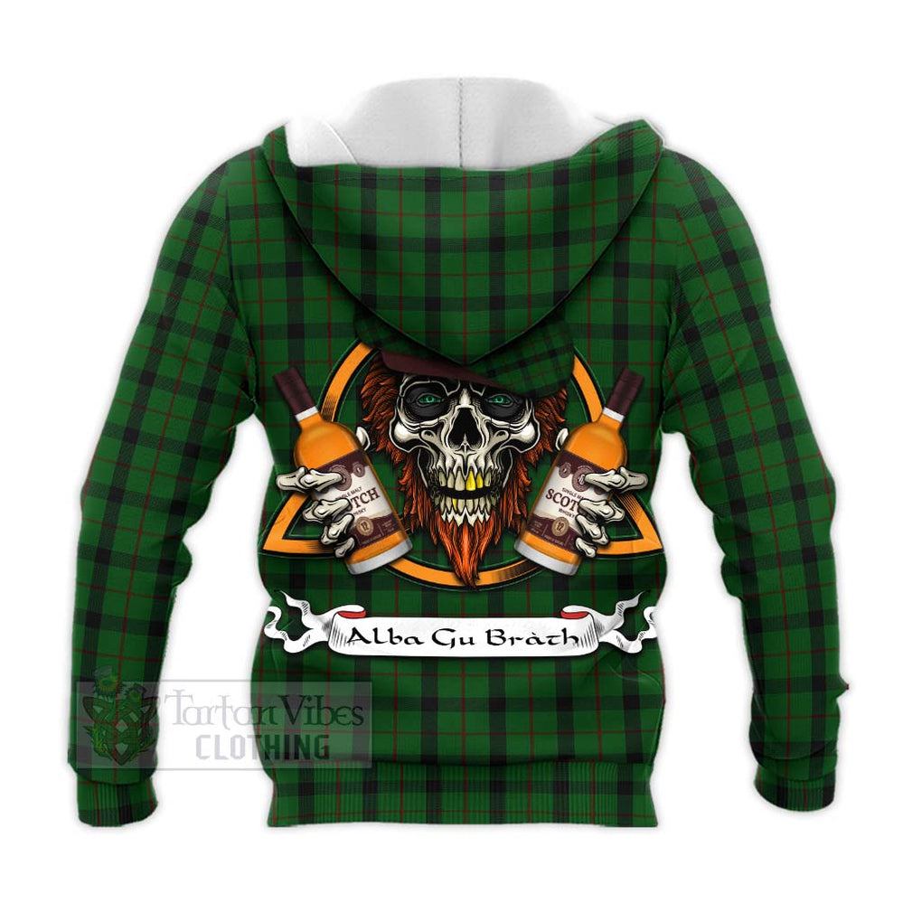 Tartan Vibes Clothing Kincaid Tartan Knitted Hoodie with Family Crest and Bearded Skull Holding Bottles of Whiskey