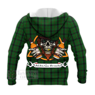 Kincaid Tartan Knitted Hoodie with Family Crest and Bearded Skull Holding Bottles of Whiskey